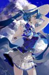  1girl :d bangs bare_shoulders blue_eyes blue_hair blue_shirt blue_sky bottle clouds collared_shirt commentary cumulonimbus_cloud feet_out_of_frame hand_on_headwear hat hatsune_miku headset highres holding holding_bottle long_hair lunar_(lunar_815) necktie open_mouth pleated_skirt profile shirt skirt sky sleeveless sleeveless_shirt smile solo symbol-only_commentary teeth tie_clip twintails upper_teeth very_long_hair vocaloid water_bottle white_headwear white_necktie white_skirt wing_collar 