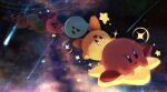  alternate_color blush_stickers comet flying furrowed_brow highres kirby kirby_(series) multiple_others nebula no_humans open_mouth smile space star_(sky) star_(symbol) super_smash_bros. suyasuyabi warp_star 