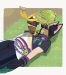  1boy 1girl ahoge all_fours animal_ear_fluff animal_ears belt black_gloves black_hair black_hoodie black_pants black_shorts brown_thighhighs capelet closed_mouth collei_(genshin_impact) fox_boy fox_ears genshin_impact gentlecat gloves green_capelet green_hair hands_on_another&#039;s_face highres hood hoodie long_sleeves lying medal medium_hair multicolored_hair on_back on_ground on_person pants photo-referenced shoes short_sleeves shorts size_difference streaked_hair tassel thigh-highs thigh_belt thigh_strap tighnari_(genshin_impact) two-tone_hair vision_(genshin_impact) 