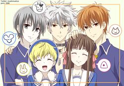  1girl 5boys amyemk black_hair blonde_hair border brown_eyes brown_hair facing_viewer fruits_basket green_eyes grey_hair heart honda_tooru long_hair looking_at_viewer multicolored_hair multiple_boys orange_eyes orange_hair pixiv_username short_hair souma_hatsuharu souma_kyou souma_momiji souma_yuki twitter_username white_background yellow_border 