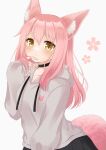  1girl :&lt; absurdres animal_ear_fluff animal_ears choker closed_mouth commission expressionless fox_ears fox_girl fox_tail grey_hoodie highres hood hood_down hoodie long_hair long_sleeves looking_at_viewer miryu_(miryu_stk) original pink_hair skeb_commission sleeves_past_wrists tail yellow_eyes 