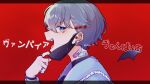  1boy bandaid bandaid_on_neck bat_wings blue_eyes blue_hair blue_shirt colon_(stpri) ear_piercing facing_to_the_side fang hodaka_sio jewelry long_sleeves looking_at_viewer male_focus mask mouth_mask nail_polish open_mouth piercing red_background ring shirt short_hair solo strawberry_prince translation_request vampire vampire_(vocaloid) wings 
