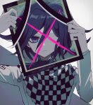  1boy bangs checkered_clothes checkered_scarf closed_mouth danganronpa_(series) danganronpa_v3:_killing_harmony flipped_hair frown grey_background grey_jacket hair_between_eyes hands_up holding holding_frame iei jacket long_sleeves looking_at_viewer male_focus mikao_(eanv5385) ouma_kokichi scarf shiny shiny_hair solo violet_eyes white_background 