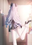  1girl absurdres bare_shoulders black_bow black_skirt blurry blurry_background bow bronya_zaychik caisena commentary_request depth_of_field feet_out_of_frame from_behind grey_hair hair_bow hand_up high_heels highres honkai_(series) honkai_impact_3rd indoors long_hair pleated_skirt ponytail shoe_soles shoes skirt solo standing standing_on_one_leg very_long_hair white_footwear wrist_cuffs 