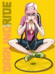  10s 1girl albyee albyeee anime bicycle blowing darling_in_the_franxx flat_tire green_eyes ground_vehicle horns jersey pink_hair pink_jumpsuit tire wheel zero_two_(darling_in_the_franxx) 