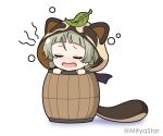  1girl animal_ears animal_hood barrel blush closed_eyes commentary_request facing_viewer fake_animal_ears fake_tail genshin_impact grey_hair hood hood_up in_container leaf leaf_on_head mitya nose_blush open_mouth raccoon_ears raccoon_tail sayu_(genshin_impact) shadow simple_background solo tail tears twitter_username wavy_mouth white_background 