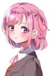  1girl azen_(mntimcczgrtn) bangs blazer blush collared_shirt doki_doki_literature_club frown hair_intakes hair_ornament hair_ribbon hairclip highres jacket looking_away natsuki_(doki_doki_literature_club) neck_ribbon pink_eyes pink_hair ribbon school_uniform shirt short_hair simple_background sketch solo sweater_vest two_side_up 