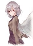  1girl braid breasts dress feathered_wings french_braid highres jacket kishin_sagume long_sleeves lucky_chicken open_clothes open_jacket purple_dress red_eyes short_hair single_wing solo touhou white_wings wings 