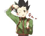  1boy backpack bag black_hair brown_eyes dojikko_pose gon_freecss hunter_x_hunter male_focus motion_lines one_eye_closed saba_miso solo spiky_hair tongue tongue_out upper_body 