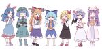  6+girls absurdres ahoge alcohol animal_ears back_bow bag bangs bare_shoulders barefoot belt black_footwear black_skirt black_vest blonde_hair blue_bow blue_dress blue_eyes blue_footwear blue_hair blue_ribbon blush_stickers boots bottle bow bowl bowtie chips_(food) cirno closed_eyes closed_mouth collared_dress collared_shirt commentary_request crescent crescent_hat_ornament crescent_print crossed_bangs cucumber double_bun dress eating fang food food_on_clothes food_on_face fork full_body green_bag green_headwear grey_belt grey_shirt grey_socks hair_between_eyes hair_bobbles hair_bow hair_bun hair_ornament hat hat_ornament hat_ribbon highres horns ibuki_suika ice ice_wings kame_(kamepan44231) kawashiro_nitori ketchup long_hair looking_at_viewer looking_to_the_side meat medium_hair mob_cap mochi multiple_girls no_shoes open_clothes open_dress open_mouth orange_hair package pasta patchouli_knowledge pink_belt pink_bow pink_dress pink_headwear pink_ribbon plate pocket puffy_short_sleeves puffy_sleeves purple_dress purple_hair purple_ribbon purple_skirt rabbit_ears rabbit_tail red_bow red_bowtie red_eyes red_footwear red_ribbon remilia_scarlet ribbon rumia seiran_(touhou) shirt shoes short_sleeves short_twintails simple_background skirt sleeveless sleeveless_shirt smile socks spaghetti standing star_(symbol) star_print striped striped_dress tail touhou twintails vegetable vest violet_eyes white_background white_dress white_headwear white_shirt white_socks wings wrist_cuffs 