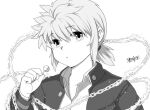  1other :o arc_(housamo) candy chain collared_shirt commentary_request fire food gakuran greyscale hijirino_yuuta holding holding_candy holding_food holding_lollipop lollipop long_sleeves looking_at_viewer monochrome open_clothes school_uniform shirt short_hair sidelocks simple_background solo tokyo_afterschool_summoners upper_body 