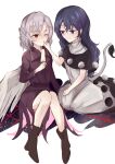  2girls absurdres braid doremy_sweet dress feathered_wings french_braid hat highres jacket kishin_sagume knees_together_feet_apart lucky_chicken multicolored_clothes multicolored_dress multiple_girls nightcap one_eye_closed pom_pom_(clothes) purple_dress single_wing sitting tail tapir_tail touhou white_dress white_wings wings yuri 