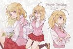  1girl ahoge akamatsu_kaede backpack bag bangs blonde_hair bouquet breasts calf_socks collared_shirt crossed_arms danganronpa_(series) danganronpa_v3:_killing_harmony dated flower full_body grey_background hair_ornament hand_over_eye happy_birthday holding holding_bouquet long_hair long_sleeves looking_at_viewer looking_to_the_side medium_breasts multiple_views musical_note musical_note_hair_ornament necktie nocoyaki open_mouth orange_necktie pink_sweater_vest red_skirt shirt skirt smile sweater_vest swept_bangs upper_body violet_eyes white_bag white_flower white_shirt 