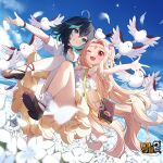  2girls ;d aqua_eyes bangs benghuai_xueyuan bird black_choker black_hair blonde_hair book braid choker dress flower honkai_(series) long_hair multicolored_hair multiple_girls non-web_source official_art one_eye_closed parted_bangs red_eyes sailor_collar short_sleeves side_braid smile totori_(benghuai_xueyuan) two-tone_hair very_long_hair wendy_(honkai_impact) white_bird white_dress white_flower 