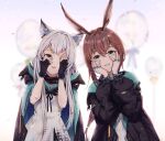  amiya_(arknights) animal_ears arknights balloon black_bracelet black_cape black_gloves black_jacket blue_eyes blurry blurry_background brown_hair cape cat_ears cat_girl clothes_writing covering_one_eye dress fingerless_gloves gloves green_eyes grey_hair hale_(user_tkwy8275) hands_on_own_face hands_up highres hood hood_down hooded_cape infection_monitor_(arknights) jacket jewelry long_hair long_sleeves looking_at_viewer multiple_rings one_eye_closed open_clothes open_jacket parted_lips rabbit_ears rabbit_girl ring rosmontis_(arknights) shirt sidelocks simple_background smile teeth upper_body upper_teeth white_background white_dress white_shirt 