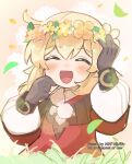  1girl :d bangs black_gloves blush closed_eyes confetti flower gloves hands_up happy head_wreath highres leaf okkobc open_mouth original petals smile solo 