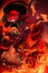 1boy bangs black_bodysuit bodysuit bone broken_bone cape commentary_request elbow_gloves family_crest fate/grand_order fate_(series) fire full_body gloves gold_trim hi_(wshw5728) high_heels highres holding holding_skull long_hair looking_at_viewer low_ponytail male_focus mask mouth_mask oda_nobukatsu_(fate) oda_uri official_alternate_costume official_alternate_hair_color ponytail red_cape red_eyes red_theme redhead sidelocks skeleton skull solo twitter_username 
