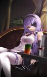 1girl alcohol apron bare_shoulders cocktail cocktail_glass cup dream_c_club dream_c_club_(series) drink drinking_glass eyepatch hairband headdress highres legs long_hair looking_at_viewer maid mari_(dream_c_club) oren_(770len) purple_hair solo thigh-highs twintails violet_eyes waitress white_thighhighs wine wine_glass 