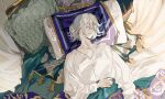  1boy alchemy_stars bangs bed blanket buttons closed_eyes grey_hair kyouichi long_sleeves male_focus matthieu_(alchemy_stars) parted_lips pillow shirt short_hair sleeping solo under_covers upper_body white_shirt 