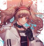  1girl angelina_(arknights) animal_ears arknights black_collar black_gloves black_shirt brown_hair coat collar earpiece fox_ears fox_girl gloves hairband hand_up infection_monitor_(arknights) long_hair looking_at_viewer open_clothes open_coat orange_eyes red_hairband shirt solo striped striped_hairband twintails upper_body white_coat zamwangwang 