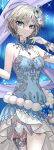  1girl absurdres ahoge anastasia_(idolmaster) blue_dress blue_eyes dress earrings gloves grey_hair hair_ornament highres idolmaster idolmaster_cinderella_girls jewelry rum_raisin_(chihiromakita19) short_hair white_gloves 