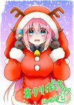  1girl absurdres bell blue_eyes blush bocchi_the_rock! bow bowtie breasts christmas commentary_request fake_antlers gloves gotou_hitori hair_between_eyes hair_ornament highres large_breasts long_hair long_sleeves pink_hair santa_costume scared shaded_face solo sweatdrop yorunomado 