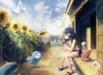  1girl absurdres buneary closed_eyes closed_mouth clouds day eating evening flower food fruit highres hikari_(pokemon) holding holding_food holding_fruit mamoswine midriff outdoors pachirisu pikachu piplup pokemon pokemon_(creature) scenery shirt sleeveless sleeveless_shirt summer sunflower thought_bubble togekiss watermelon watermelon_slice xi_shui_fang yellow_shirt 