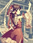  1girl absurdres arm_up ascot bangs black_hair blurry blurry_background bow detached_sleeves feet_out_of_frame frilled_ascot frilled_bow frilled_hair_tubes frills from_side gohei green_ascot hair_bow hair_tubes hakurei_reimu highres long_hair parted_lips red_bow red_eyes red_skirt red_vest shrine skirt solo touhou vest white_sleeves wide_sleeves xinjinjumin 