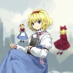  1girl alice_margatroid apron arm_strap blonde_hair blue_dress blue_eyes blurry blurry_background book bow capelet commentary crossed_legs doll dress grimoire_of_alice hairband holding holding_book hourai_doll kaigen_1025 long_sleeves neck_ribbon pink_ribbon puffy_short_sleeves puffy_sleeves red_bow red_hairband ribbon shanghai_doll short_hair short_sleeves sitting sleeve_garter solo touhou waist_apron white_apron white_capelet 