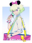  1boy alternate_costume bag bangs bead_bracelet beads bow bracelet closed_mouth double_scoop eating flame_print food food_on_face galo_thymos green_hair holding holding_food holding_ice_cream ice_cream jewelry kawashizuku lio_fotia looking_at_viewer male_focus minnie_mouse_ears multicolored_nails nail_polish promare short_hair shoulder_bag sidelocks solo tongue tongue_out violet_eyes 