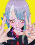  absurdres bangs blue_nails blurry blurry_foreground bukoarts cyberpunk_edgerunners facepaint facing_viewer highres lucy_(cyberpunk_edgerunners) multicolored_hair pale_skin parted_bangs red_lips thread yellow_background 