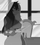  1girl blurry blurry_background buttons closed_mouth depth_of_field double-breasted greyscale hair_between_eyes high-waist_skirt highres holding holding_scissors indoors long_hair long_sleeves looking_down monochrome multicolored_hair nyantcha original scissors skirt solo split-color_hair sweater yorra_villeneuve 