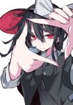  1girl bangs black_hair black_headwear bow closed_mouth fedora finger_frame hat hat_bow highres long_sleeves looking_at_viewer medium_hair muraryo red_eyes simple_background solo touhou upper_body usami_renko white_background white_bow 