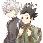  2boys :o backpack bag black_hair brown_eyes frown gon_freecss grey_eyes grey_hair hunter_x_hunter killua_zoldyck male_focus multiple_boys saba_miso spiky_hair translation_request turtleneck 