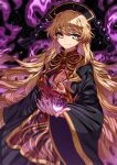  1girl absurdres bangs black_dress blonde_hair closed_mouth creeper_(gametime) dress fingernails fire headdress highres junko_(touhou) long_fingernails long_hair long_sleeves looking_at_viewer purple_fire red_nails smile solo tabard touhou wide_sleeves yellow_eyes 