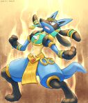  1boy absurdres aura commentary_request dated dog_boy egyptian egyptian_clothes fang furry gradient gradient_background highres katkichi looking_up lucario no_humans open_mouth pokemon pokemon_(creature) red_eyes signature simple_background solo spikes standing yellow_background 