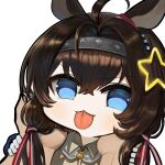  1girl :3 animal_ears black_hairband blue_eyes brown_hair close-up commentary_request dokomon grace_(kor)_(racehorse) hairband highres horse_ears horse_girl korean_commentary long_hair real_life simple_background solo tongue tongue_out umamusume upper_body white_background 