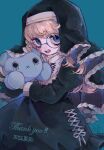  1girl :d bangs blonde_hair fangs frills glasses green_background habit highres juliet_sleeves long_hair long_sleeves nun original puffy_sleeves round_eyewear shiny shiny_hair simple_background smile solo stuffed_animal stuffed_toy teddy_bear teeth tira_27 upper_teeth 