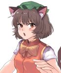  1girl absurdres animal_ears bow bowtie brown_hair cat_ears chen earrings hat highres jewelry kashiwara_mana looking_at_viewer open_mouth short_hair simple_background solo touhou upper_body v-shaped_eyebrows 