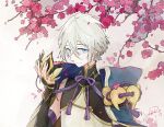  1boy bangs bishounen blue_eyes blue_gemstone cherry_blossoms chinese_armor chinese_clothes closed_mouth commentary_request elbow_gloves falling_petals fate/grand_order fate_(series) flower gem gloves gold_trim grey_hair hair_between_eyes hand_on_own_chest holding holding_mask horned_mask long_sleeves looking_at_viewer magatama male_focus mask mask_removed petals pink_flower prince_of_lan_ling_(fate) shirt short_hair signature sleeveless smile solo sukybaba upper_body 