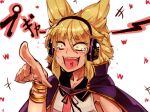  +++ 1girl bracelet cape constricted_pupils earmuffs foreshortening heart jewelry laughing open_mouth pointing pointy_hair sekiyu_(spartan) short_hair simple_background solo touhou toyosatomimi_no_miko white_background yellow_eyes 