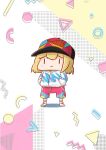  1990s_(style) absurdres baseball_cap blonde_hair blue_headwear blue_shorts blush_stickers chibi commentary english_commentary full_body hands_in_pocket hat highres hololive hololive_english hood hoodie jazz_pattern memphis_design multicolored_clothes multicolored_headwear multicolored_shorts orange_headwear patterned_background patterned_clothing phdpigeon pink_shorts red_headwear retro_artstyle shoes shorts smile smol_ame sneakers socks standing watson_amelia white_background white_footwear white_hoodie |_| 
