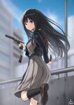  1girl absurdres arm_behind_back backpack bag black_hair black_socks blue_ribbon blue_sky blurry blurry_background breasts closed_mouth dress glint gun handgun highres holding holding_gun holding_magazine_(weapon) holding_weapon hz_(helu_2) inoue_takina loafers long_hair looking_at_viewer looking_to_the_side lycoris_recoil lycoris_uniform magazine_(weapon) neck_ribbon outdoors pleated_dress railing reloading ribbon shoes sky socks solo standing standing_on_one_leg suppressor violet_eyes weapon 