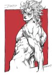  1boy abs artist_name border character_name dio_brando earrings jewelry jojo_no_kimyou_na_bouken lips looking_at_viewer mojisan_(ebimo) monochrome muscular muscular_male parted_lips red_background solo stardust_crusaders upper_body white_border white_eyes white_hair 