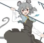  1girl :d animal_ears arm_up bangs black_dress blue_capelet capelet commentary_request dowsing_rod dress dual_wielding grey_hair hair_between_eyes holding iovebly long_sleeves looking_at_viewer mouse_ears mouse_girl mouse_tail nazrin red_eyes shirt simple_background smile solo tail touhou white_background white_shirt 