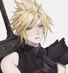  1boy absurdres aqua_eyes armor black_gloves black_shirt blonde_hair buster_sword cloud_strife final_fantasy final_fantasy_vii final_fantasy_vii_remake gloves grey_background hair_between_eyes hand_up highres looking_at_viewer male_focus montaro portrait shirt short_hair shoulder_armor sleeveless sleeveless_turtleneck solo spiky_hair suspenders turtleneck upper_body weapon weapon_on_back 