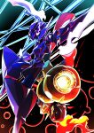  absurdres arm_cannon armarouge armor black_background ceruledge eye_trail fire helmet highres kakashino_kakato light_trail no_humans orange_eyes pokemon pokemon_(creature) pokemon_(game) pokemon_sv purple_fire sword upside-down violet_eyes weapon 