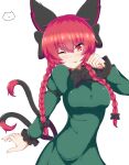  1girl ;p animal_ears black_bow bow braid breasts cat_ears cat_tail dress green_dress hair_bow heart highres kaenbyou_rin long_sleeves multiple_tails nekomata one_eye_closed red_eyes redhead seo_haruto solo tail tongue tongue_out touhou twin_braids two_tails 