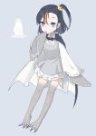  1girl :/ animal_feet bird bird_legs bird_tail bird_wings black_cape black_hair blonde_hair blue_background blue_eyes cape closed_mouth collared_shirt colored_skin crown dress emperor_penguin full_body grey_dress grey_skin hair_between_eyes hand_up harpy highres konirodori long_sleeves looking_at_viewer mini_crown monster_girl multicolored_skin one_side_up orange_hair original penguin penguin_girl penguin_tail personification shirt short_hair side_ponytail simple_background solo standing tail talons two-sided_cape two-sided_fabric two-tone_skin white_cape winged_arms wings 