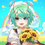  1girl :d anotherred antennae black_cape blush cape chinese_commentary clouds collared_shirt commentary_request day eyes_visible_through_hair falling_petals field flower flower_field green_eyes green_hair hair_between_eyes happy heart highres looking_at_viewer lower_teeth open_mouth petals puffy_short_sleeves puffy_sleeves rainbow red_cape shirt short_hair short_sleeves sky smile solo sunflower teeth touhou two-sided_cape two-sided_fabric upper_body white_shirt wriggle_nightbug yellow_flower 